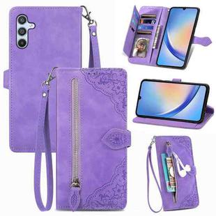 For Samsung Galaxy A34 5G Embossed Flower Zipper Leather Phone Case(Purple)
