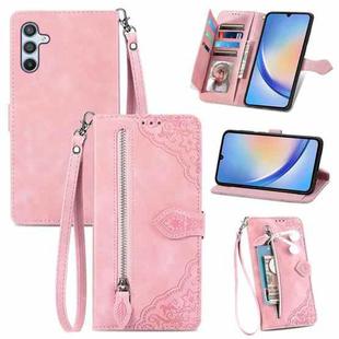 For Samsung Galaxy A34 5G Embossed Flower Zipper Leather Phone Case(Rose Gold)