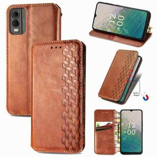 For Nokia C32 Cubic Grid Pressed Magnetic Leather Phone Case(Brown)