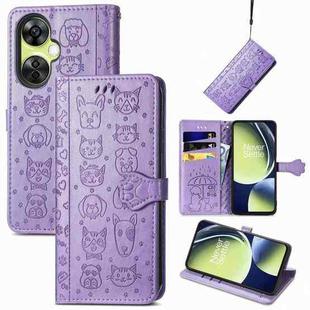 For OnePlus Nord CE 3 Lite Cat and Dog Embossed Leather Phone Case(Purple)