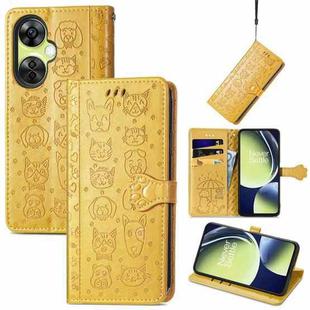 For OnePlus Nord CE 3 Lite Cat and Dog Embossed Leather Phone Case(Yellow)