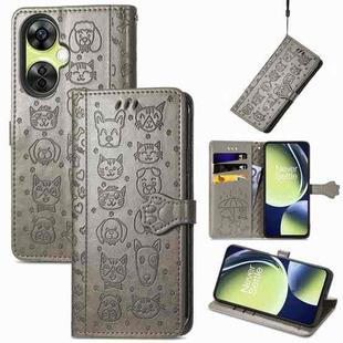 For OnePlus Nord CE 3 Lite Cat and Dog Embossed Leather Phone Case(Gray)