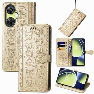 For OnePlus Nord CE 3 Lite Cat and Dog Embossed Leather Phone Case(Gold)