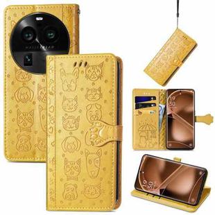 For OPPO Find X6 Pro Cat and Dog Embossed Leather Phone Case(Yellow)