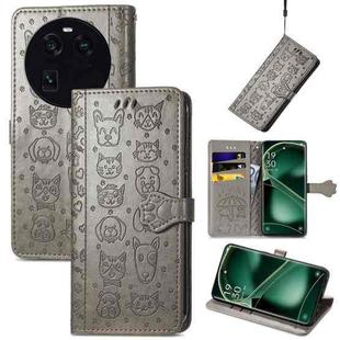 For OPPO Find X6 Cat and Dog Embossed Leather Phone Case(Gray)