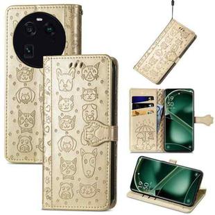 For OPPO Find X6 Cat and Dog Embossed Leather Phone Case(Gold)