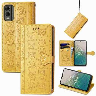 For Nokia C32 Cat and Dog Embossed Leather Phone Case(Yellow)