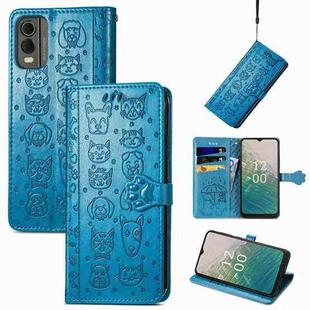 For Nokia C32 Cat and Dog Embossed Leather Phone Case(Blue)