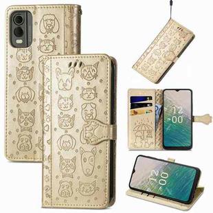 For Nokia C32 Cat and Dog Embossed Leather Phone Case(Gold)