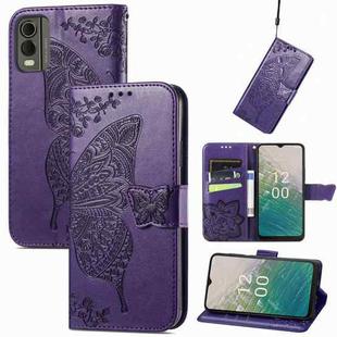 For Nokia C32 Butterfly Love Flower Embossed Leather Phone Case(Purple)