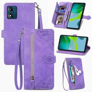 For Motorola Moto E13 Embossed Flower Zipper Leather Phone Case(Purple)