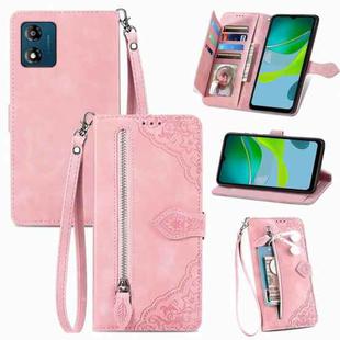 For Motorola Moto E13 Embossed Flower Zipper Leather Phone Case(Rose Gold)