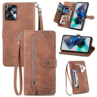 For Motorola Moto G23 Embossed Flower Zipper Leather Phone Case(Brown)