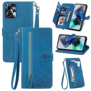 For Motorola Moto G23 Embossed Flower Zipper Leather Phone Case(Blue)