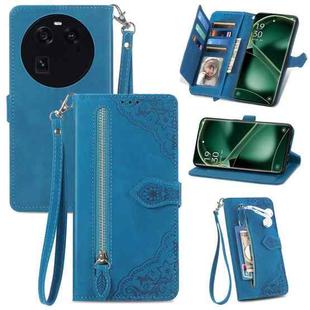 For OPPO Find X6 Embossed Flower Zipper Leather Phone Case(Blue)