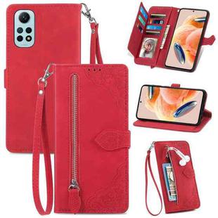 For Redmi Note 12 Pro 4G Global Embossed Flower Zipper Leather Phone Case(Red)