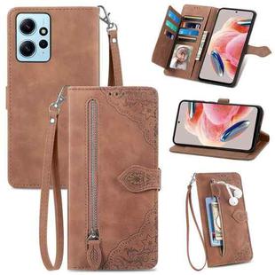 For Redmi Note 12 4G Global Embossed Flower Zipper Leather Phone Case(Brown)