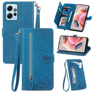 For Redmi Note 12 4G Global Embossed Flower Zipper Leather Phone Case(Blue)