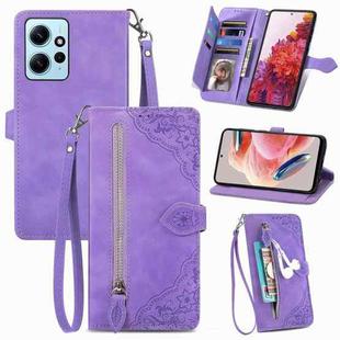 For Redmi Note 12 4G Global Embossed Flower Zipper Leather Phone Case(Purple)