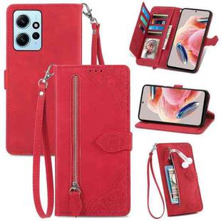 For Redmi Note 12 4G Global Embossed Flower Zipper Leather Phone Case(Red)
