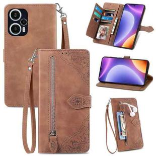 For Redmi Note 12 Turbo Embossed Flower Zipper Leather Phone Case(Brown)