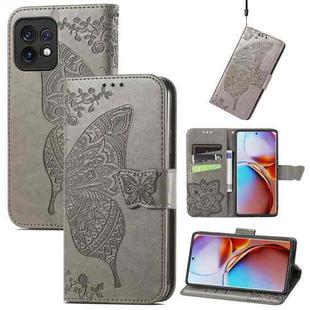 For Motorola Moto X40 Butterfly Love Flower Embossed Leather Phone Case(Gray)