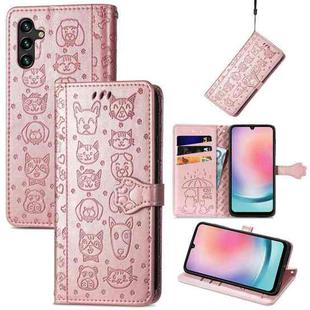 For Samsung Galaxy A24 4G Cute Cat and Dog Embossed Flip Leather Phone Case(Rose Gold)