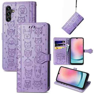 For Samsung Galaxy A24 4G Cute Cat and Dog Embossed Flip Leather Phone Case(Purple)