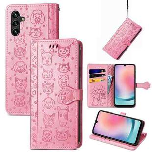 For Samsung Galaxy A24 4G Cute Cat and Dog Embossed Flip Leather Phone Case(Pink)