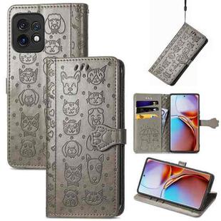 For Motorola Moto X40 Cute Cat and Dog Embossed Flip Leather Phone Case(Gray)