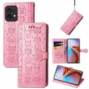 For Motorola Moto X40 Cute Cat and Dog Embossed Flip Leather Phone Case(Pink)