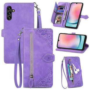 For Samsung Galaxy A24 4G Embossed Flower Zipper Leather Phone Case(Purple)