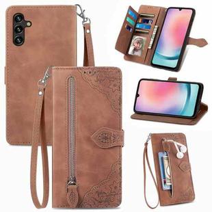 For Samsung Galaxy A24 4G Embossed Flower Zipper Leather Phone Case(Brown)