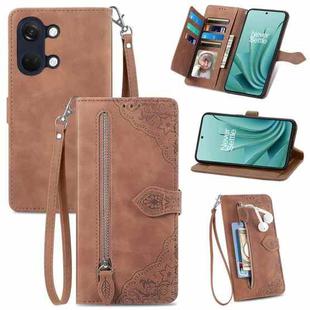 For OnePlus Ace 2V Embossed Flower Zipper Leather Phone Case(Brown)