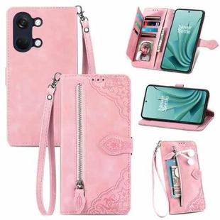 For OnePlus Ace 2V Embossed Flower Zipper Leather Phone Case(Pink)
