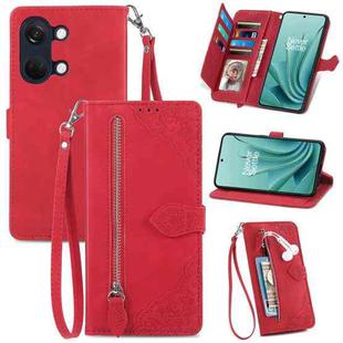 For OnePlus Ace 2V Embossed Flower Zipper Leather Phone Case(Red)