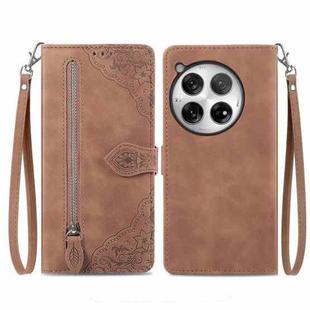 For OnePlus 12 Embossed Flower Zipper Leather Phone Case(Brown)