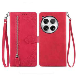 For OnePlus 12 Embossed Flower Zipper Leather Phone Case(Red)