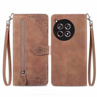 For OnePlus 12R Embossed Flower Zipper Leather Phone Case(Brown)