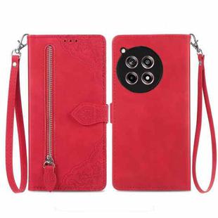 For OnePlus 12R Embossed Flower Zipper Leather Phone Case(Red)