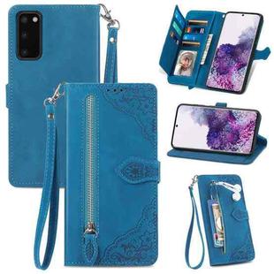 For Samsung Galaxy S20 Embossed Flower Zipper Leather Phone Case(Blue)