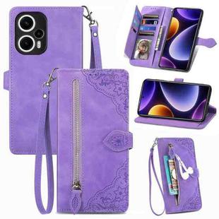 For Xiaomi POCO F5 Embossed Flower Zipper Leather Phone Case(Purple)