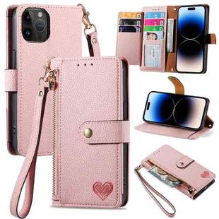 For iPhone 14 Pro Love Zipper Lanyard Leather Phone Case(Pink)