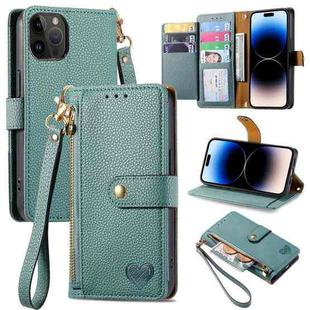 For iPhone 14 Pro Love Zipper Lanyard Leather Phone Case(Green)