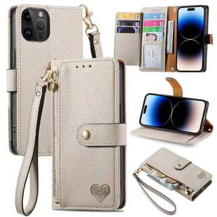 For iPhone 14 Pro Love Zipper Lanyard Leather Phone Case(Gray)