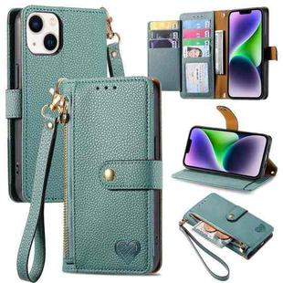 For iPhone 14 Plus Love Zipper Lanyard Leather Phone Case(Green)