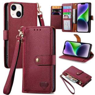 For iPhone 14 Plus Love Zipper Lanyard Leather Phone Case(Red)