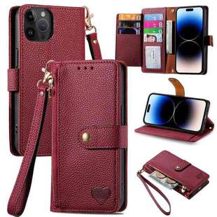 For iPhone 14 Pro Max Love Zipper Lanyard Leather Phone Case(Red)