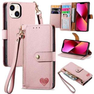 For iPhone 13 Love Zipper Lanyard Leather Phone Case(Pink)