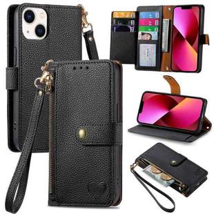 For iPhone 13 Love Zipper Lanyard Leather Phone Case(Black)